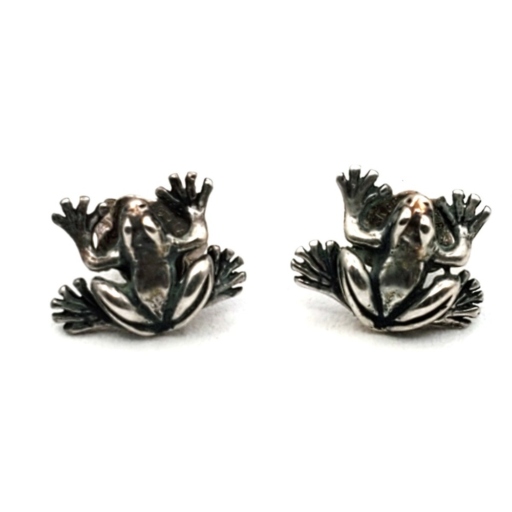 Vintage Sterling Silver 925 Tiny Frog Stud Earrings Signed